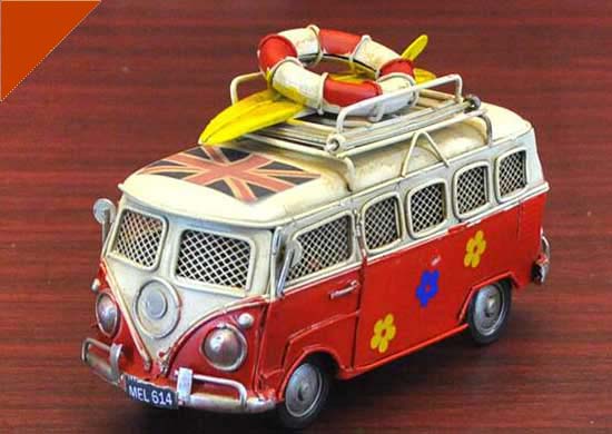 Mini Scale Yellow / Red Retro Handmade Tinplate VW Bus Model