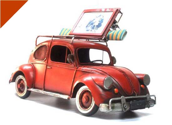 Handmade Red Photo Frame Medium Scale Tinplate VW Beetle Model
