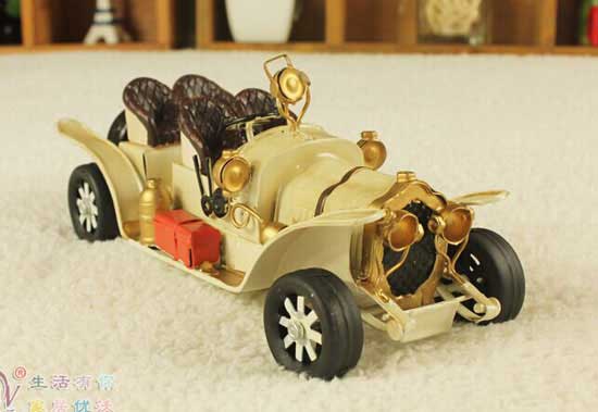 White Small Scale Handmade Tinplate Vintage Convertible Car