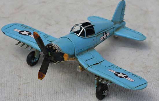 Blue Handmade Medium Scale Tinplate F-4U Corsair Fighter Model
