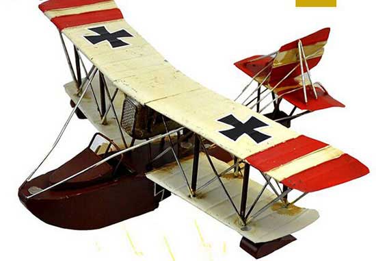 White-Red Tinplate Handmade Vintage Biplane Fighter Model